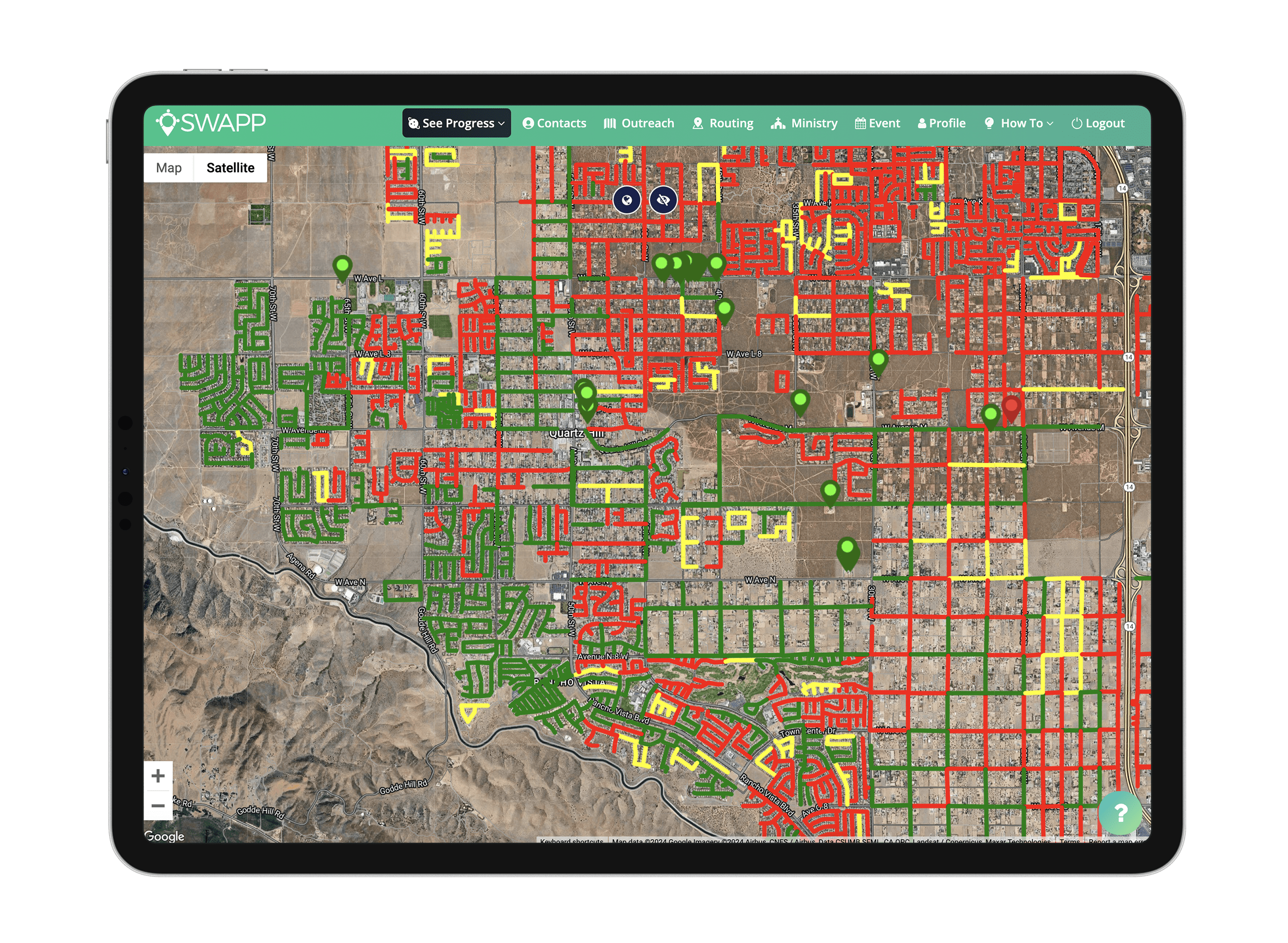 SWAPP church outreach mapping software dashboard view showing folder and map organization