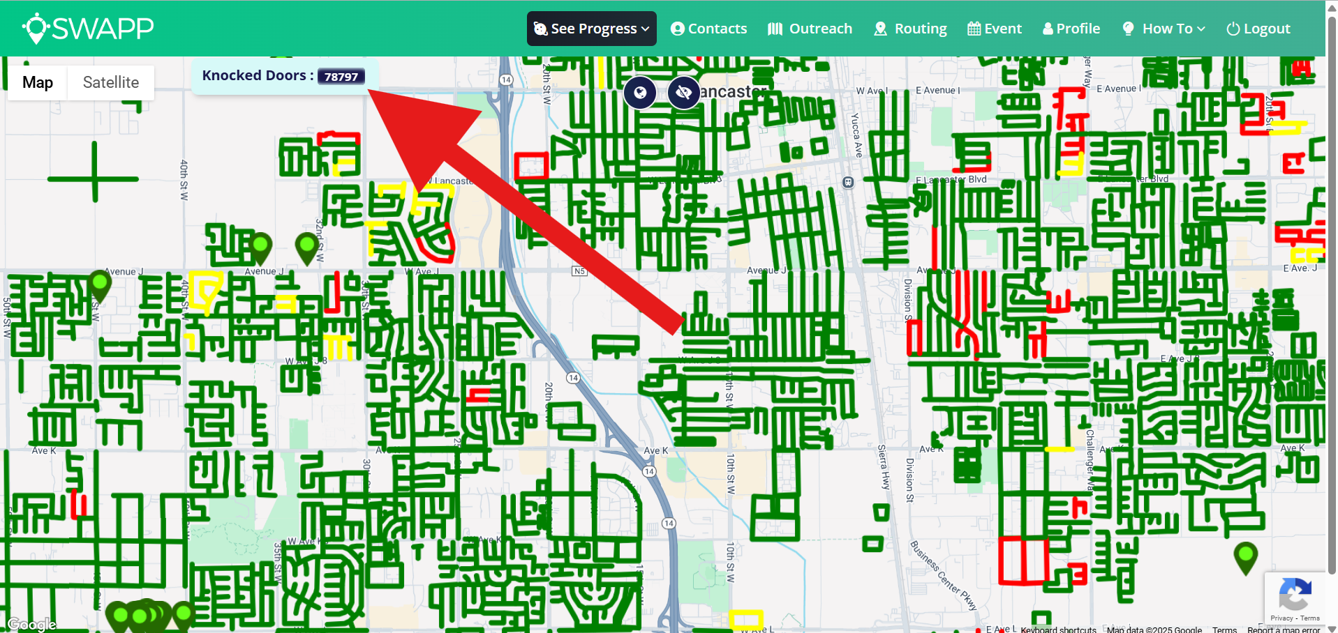 Progress view of door to door outreach for SWAPP custom church APP