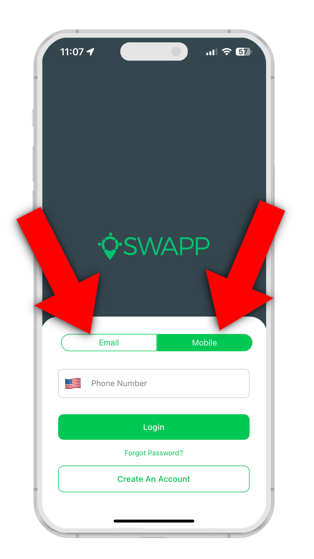 Select login method (email or phone number) on SWAPP mobile app