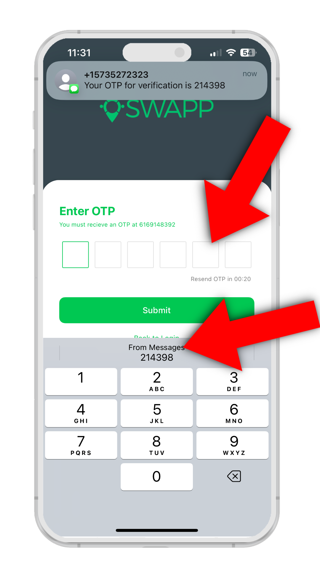 Enter OTP to log in to SWAPP custom church mobile app